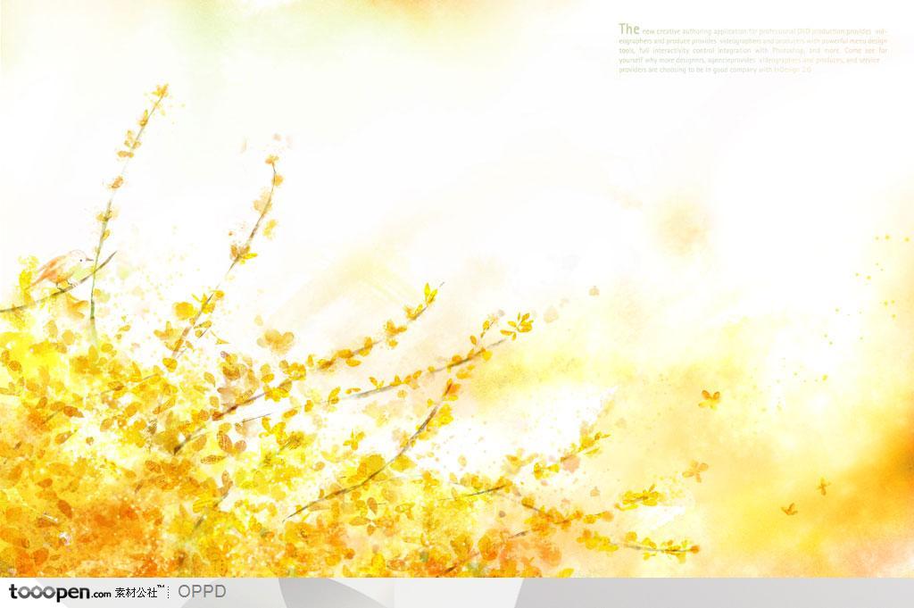 手绘水彩插画秋季金黄的树叶树枝