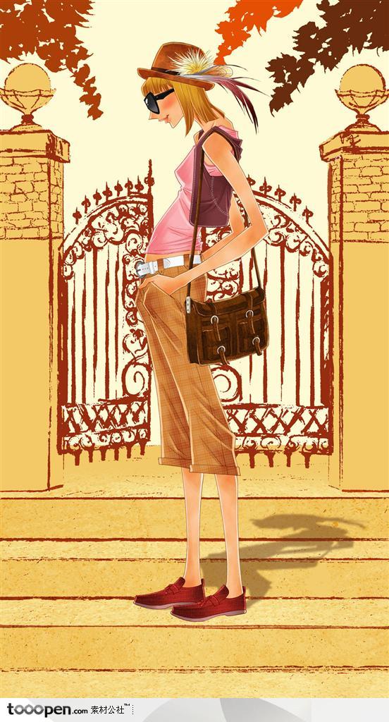 手绘水彩插画女性人物-夏季穿着复古风格时尚短裤帽子的女孩