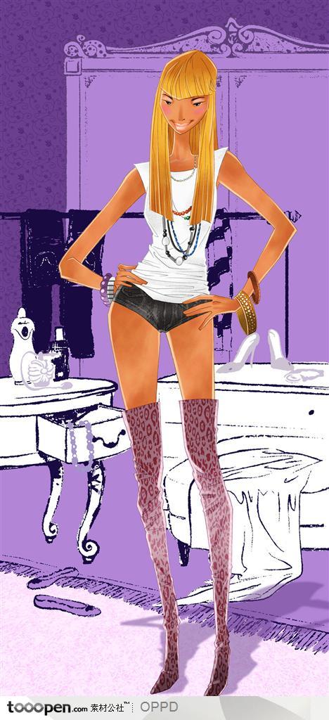 手绘水彩插画女性人物-穿白色背心黑色热裤的杂志性感女郎