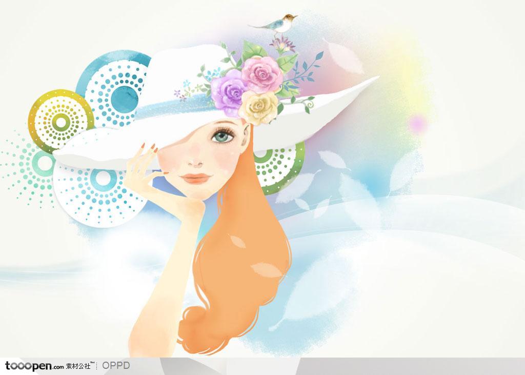 手绘水彩插画女性人物-带白色草帽的时尚淑女春秋购物