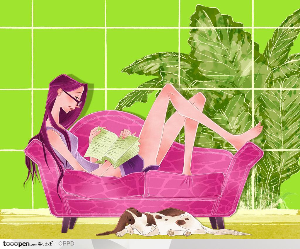 手绘水彩插画女性人物-穿紫色背心躺在沙发上看书的长发女性