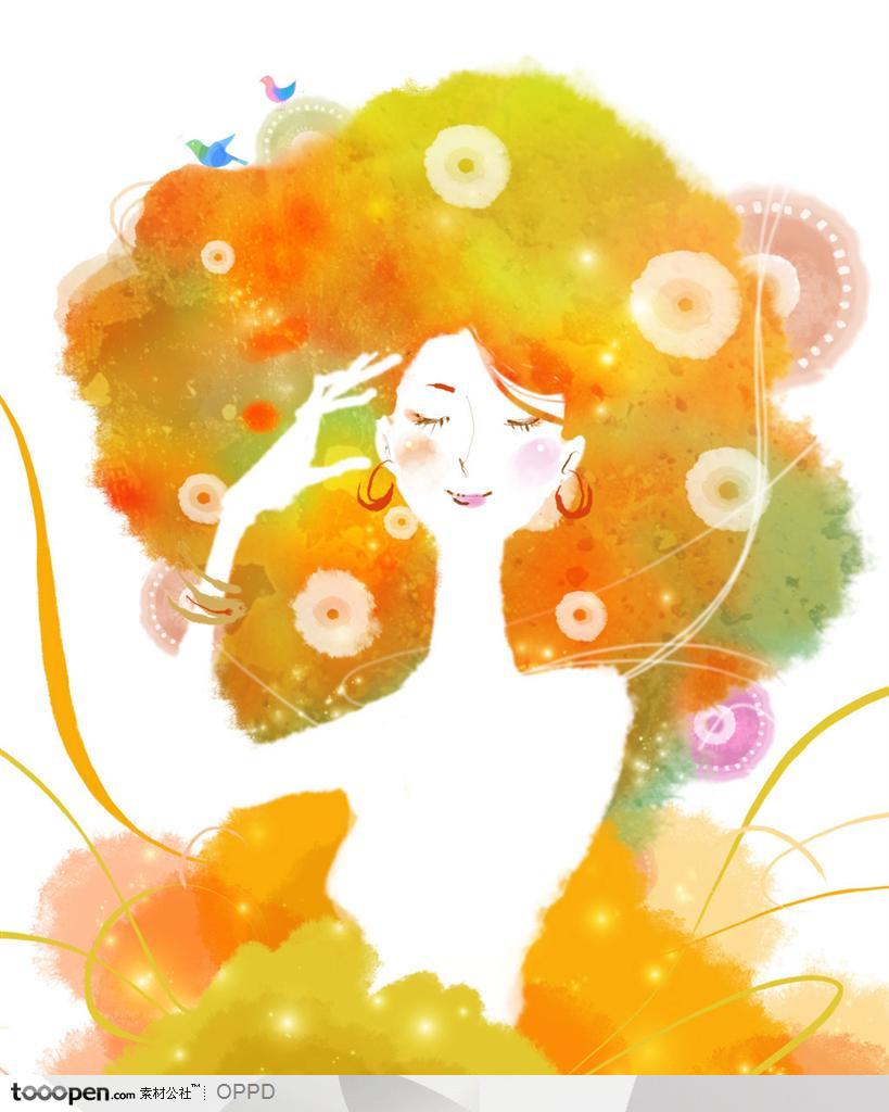 手绘水彩插画女性人物-水墨手绘线描橘色花朵发型女孩