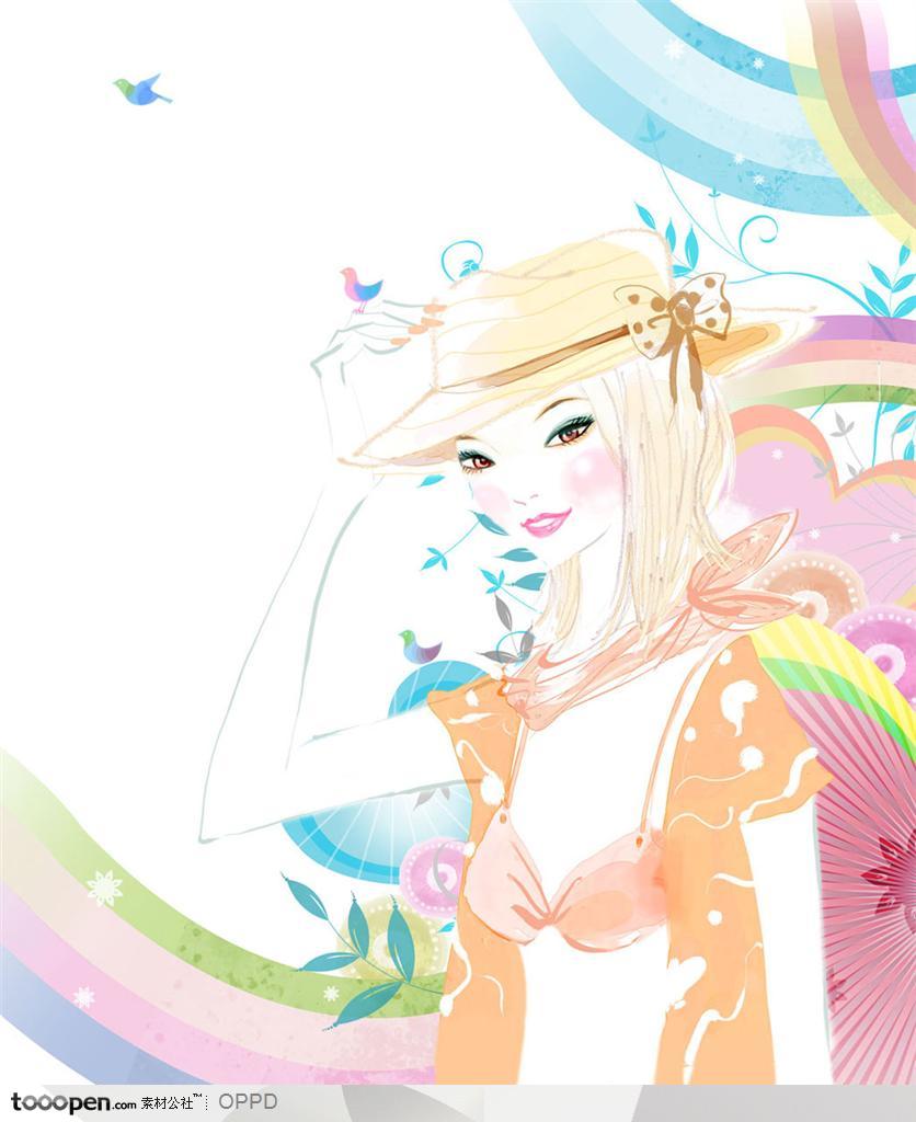 手绘水彩插画女性人物-水墨手绘线描五彩的春秋服饰女模特