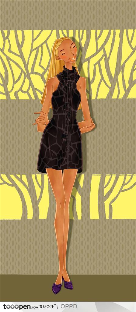 手绘水彩插画女性人物-穿黑色性感连衣裙的金发美女