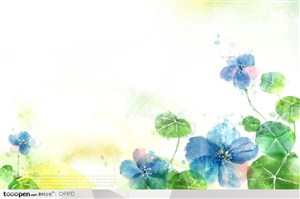手绘水彩插画春夏盛开的蓝色花朵花卉装饰与绿色荷叶