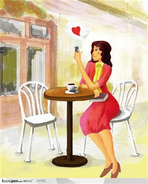 手绘水彩插画女性人物-坐在户外和咖啡的女性