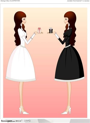 手绘水彩插画女性人物-穿着白色连衣裙和穿着黑色连衣裙的女孩拿着礼品盒