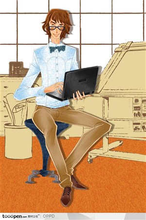 手绘水彩插画男性人物-办公室戴眼镜的白领男性抱着电脑