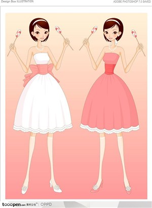 手绘水彩插画女性人物-穿着白色连衣裙和穿着粉色连衣裙的女孩拿着棒棒糖