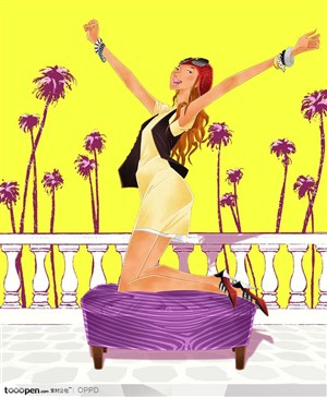 手绘水彩插画女性人物-度假村酒店露天阳台上穿着时尚的女性