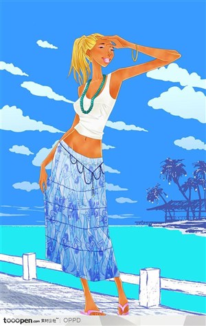 手绘水彩插画女性人物-穿白色背心蓝色波西米亚长裙的时尚女郎