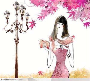 手绘水彩插画女性人物-红色枫叶树下的长发贵妇和欧式路灯
