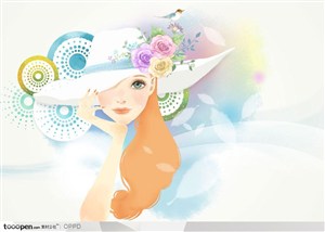 手绘水彩插画女性人物-带白色草帽的时尚淑女春秋购物