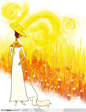 手绘水彩插画女性人物-麦田边穿白色连衣裙带草帽的女孩