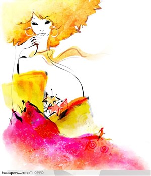 手绘水彩插画女性人物-水墨手绘线描橘色头发墨迹女孩