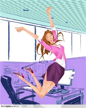 手绘水彩插画女性人物-穿紫色外套短裙跳起的都市白领