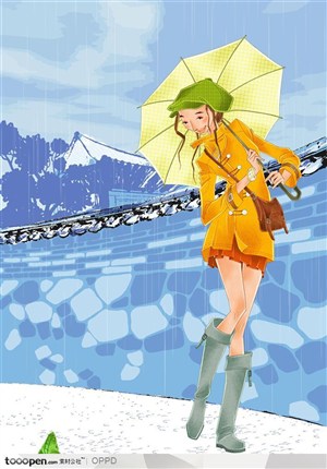 手绘水彩插画女性人物-穿橘色风衣短裙打伞的时尚女孩