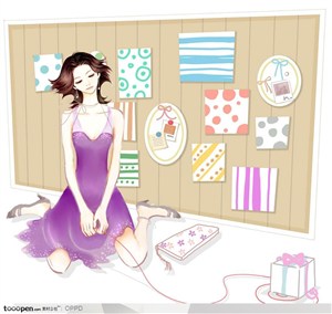 手绘水彩插画女性人物-穿紫色连衣裙坐这的时尚女郎