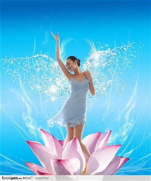 化妆品广告素材--站在莲花中的如水一样的美女