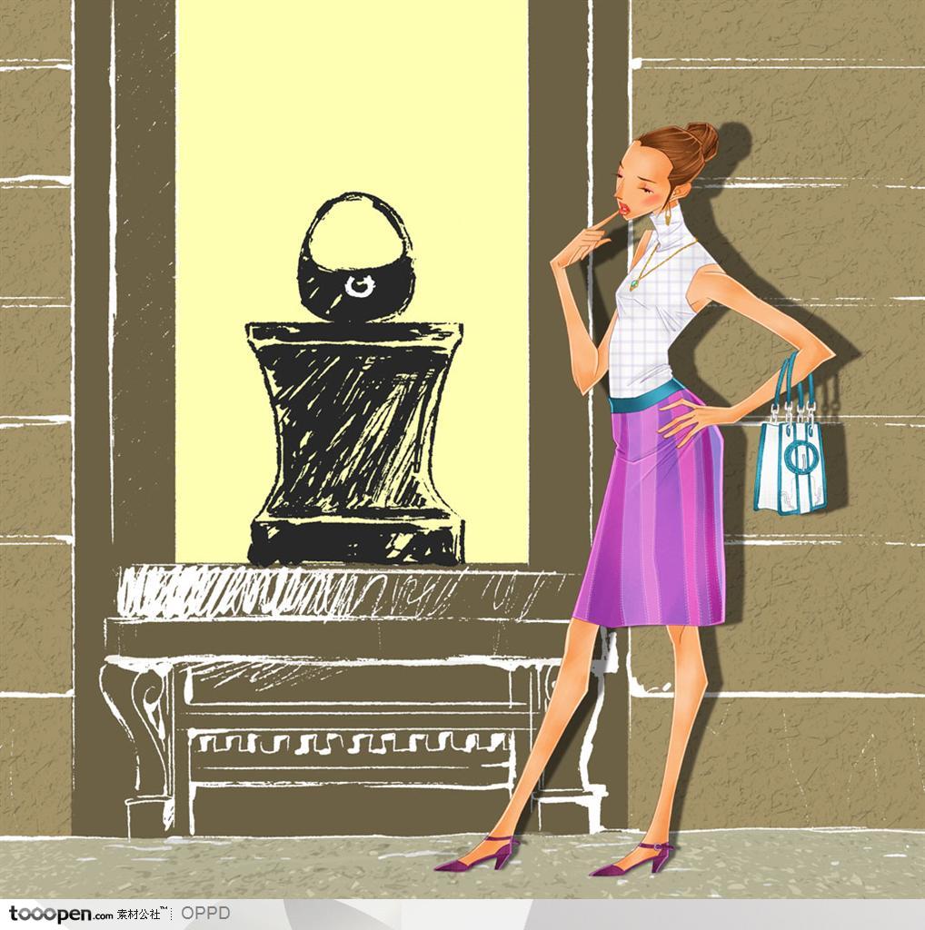手绘水彩插画女性人物-提着包看着橱柜里饰品的职业女性