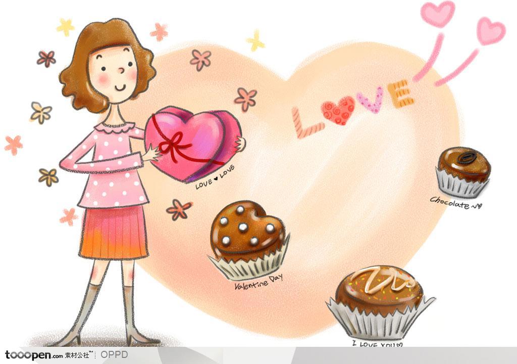 手绘水彩插画女孩人物-情人节元素抱着心形礼盒的卡通女孩