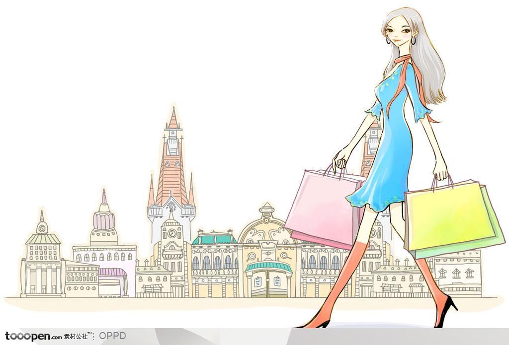 手绘水彩插画女性人物-拿着购物袋走在大街上的美女