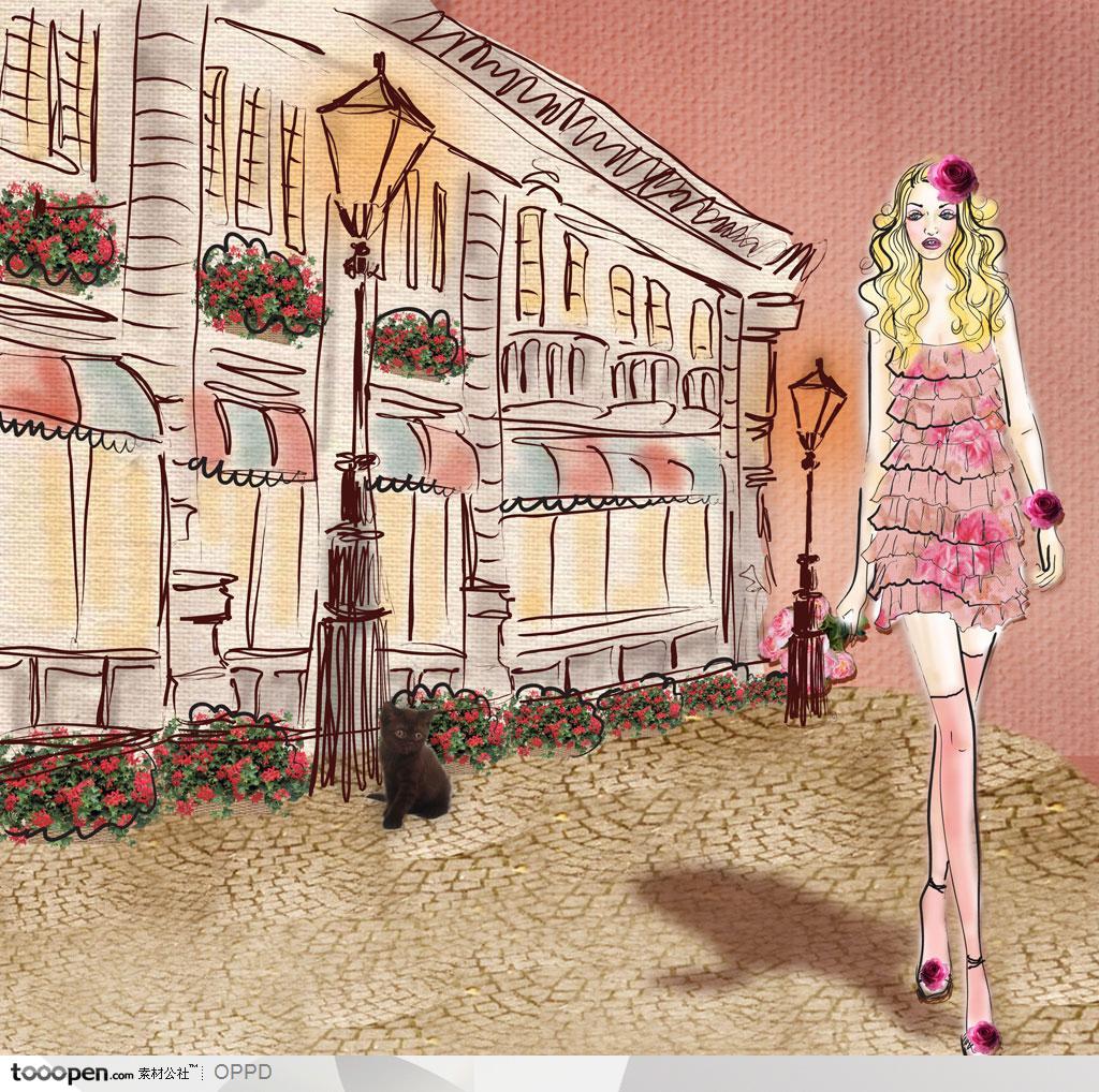手绘水彩插画女性人物-穿着粉色吊带的卷发时尚女人