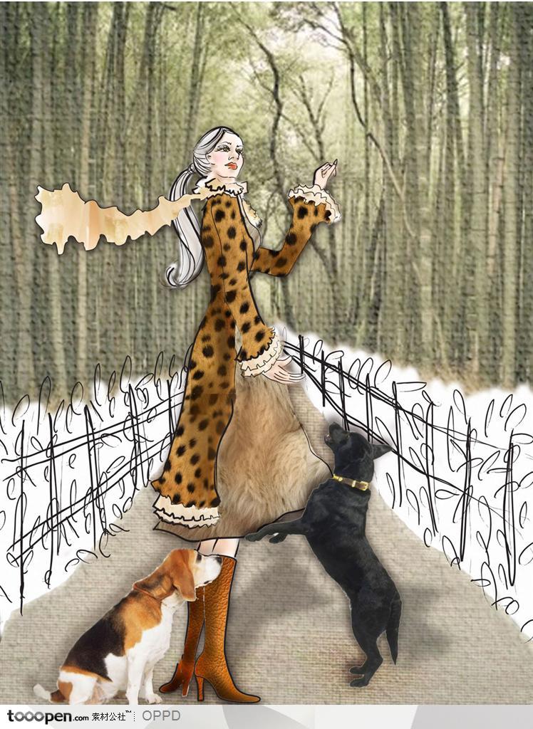 手绘水彩插画女性人物-穿着豹纹长裙走在树林里的时尚女性