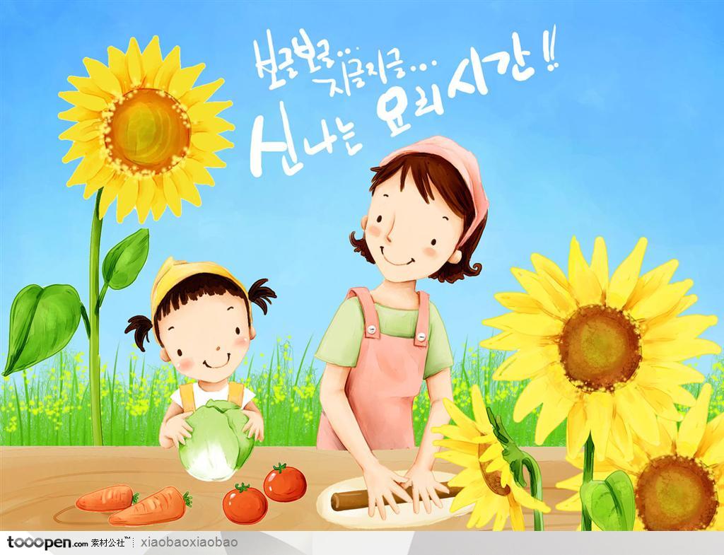 手绘插画-卡通漫画童年儿童展板素材-向日葵前一起做饭的母女