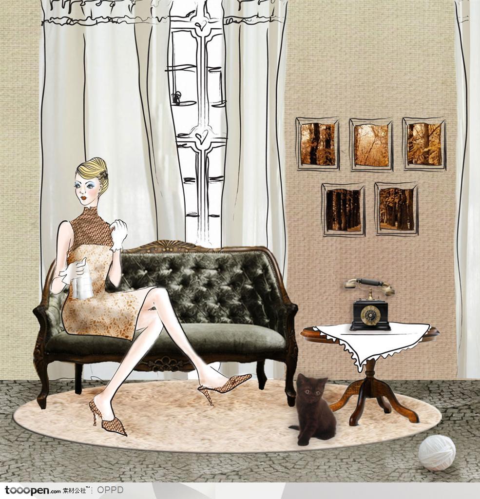 手绘水彩插画女性人物-坐在欧式沙发上的贵妇