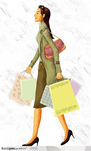 手绘水彩插画女性人物-提着购物袋的女性