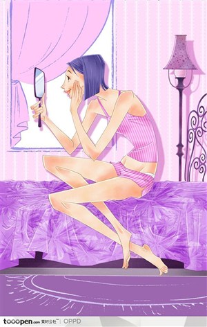 手绘水彩插画女性人物-坐在紫色床铺上照镜子的女孩