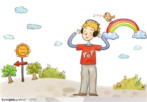 手绘水彩插画男孩人物-白云下带着耳机的卡通男孩