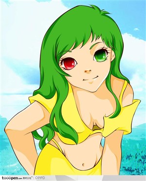 手绘水彩插画女性人物-叉腰的性感卡通绿色女郎
