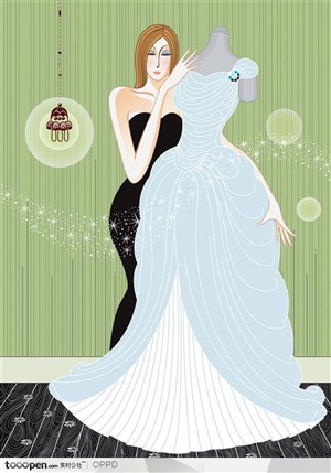 手绘水彩插画女性人物-站在白色婚纱边穿黑色礼服的女人