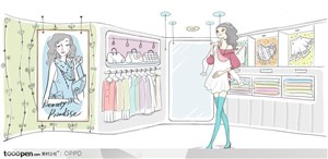 手绘水彩插画女性人物-在服装店试衣服的长发美女