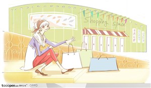 手绘水彩插画女性人物-坐在商场边的时尚美女