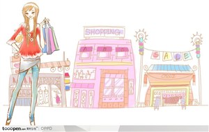 手绘水彩插画女性人物-提着购物袋站在商场前的时尚美女