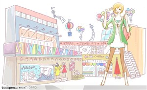 手绘水彩插画女性人物-提着包的金色短发女孩购物