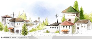 手绘背景底纹-彩绘背景上的手绘小城镇