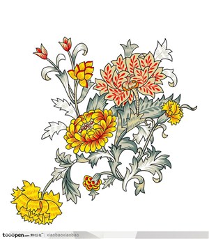 手绘传统水彩画盛开的花朵和花骨朵