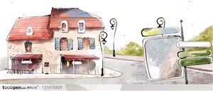 手绘背景底纹-彩绘背景上的卡通房子