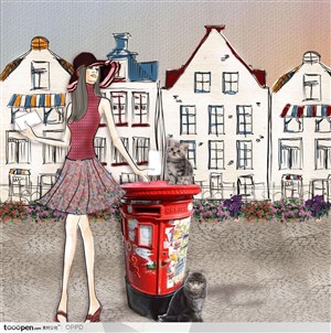 手绘水彩插画女性人物-站在写实邮筒边的时尚长发美女