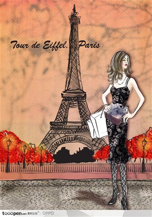 手绘水彩插画女性人物-站在巴黎铁塔前拿着礼盒的性感女人