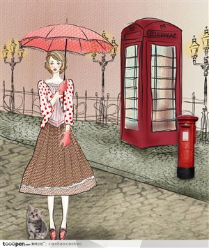 插画风格手绘漫画电话亭边打着雨伞的女孩