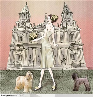 手绘水彩插画女性人物-穿着白色礼服站在教堂前的美女