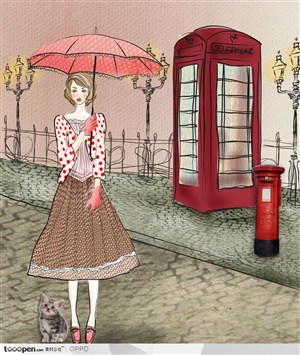 手绘水彩插画女性人物-站在电话亭前打伞的淑女