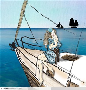 手绘水彩插画女性人物-坐在游艇头上的性感美女