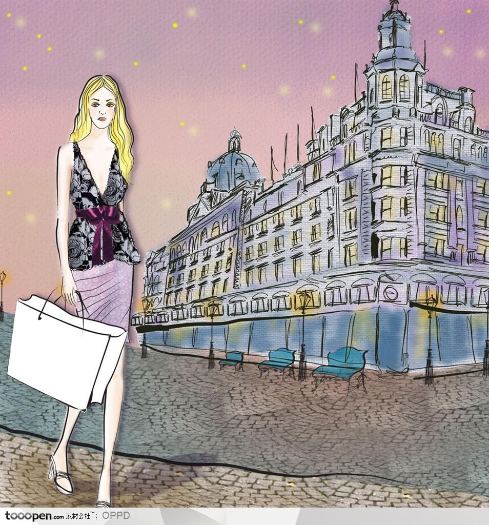 手绘水彩插画女性人物-巴黎街头时尚春季服饰女模特