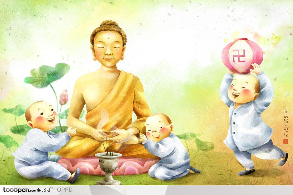 手绘水彩插画佛教人物-坐在镀金如来佛祖边的小和尚顶着灯笼